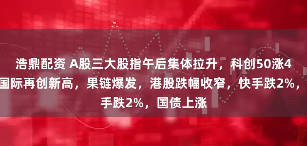 浩鼎配资 A股三大股指午后集体拉升，科创50涨4%，中芯国际再创新高，果链爆发，港股跌幅收窄，快手跌2%，国债上涨